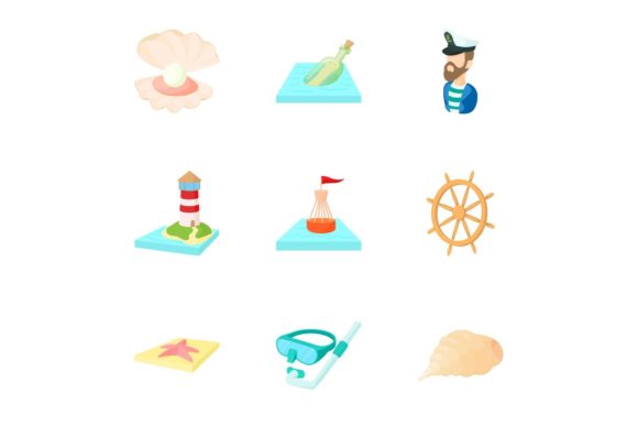 Nautical Theme Icons Set, Cartoon Style