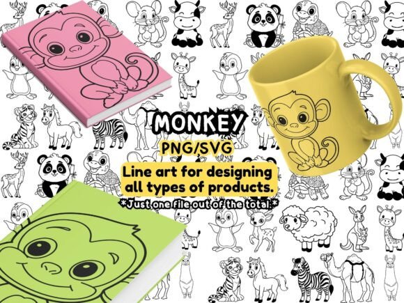 Monkey Line Art SVG &amp; PNG – Cute Jungle